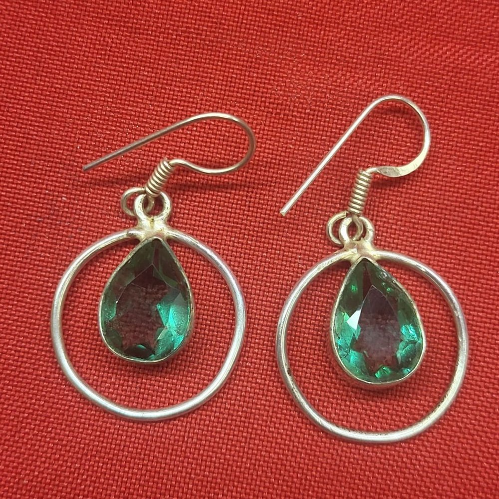 Vintage Emerald Green Glass Silver Tone Dangling Hook Earrings